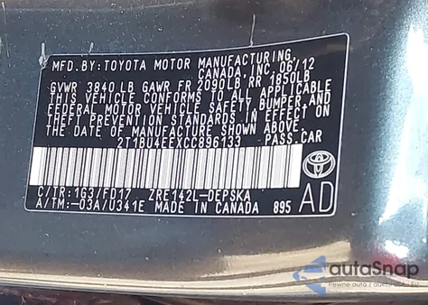 2012 Toyota Corolla S z USA, uszkodzony, nr VIN 2T1BU4EEXCC896133